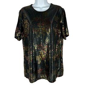 Blair Women's Medium Metallic Floral Short Sleeve Top